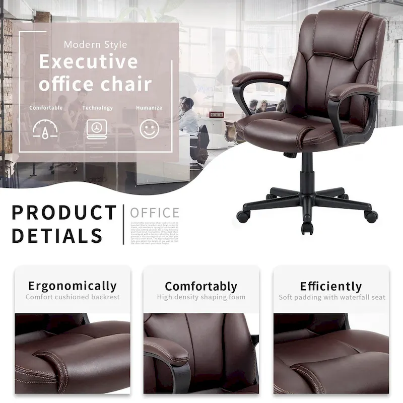 Homall Brown Executive Chair High-Level PU Leather Thick Padded Ergonomic Chair Mid Back Office and Commercial Chair