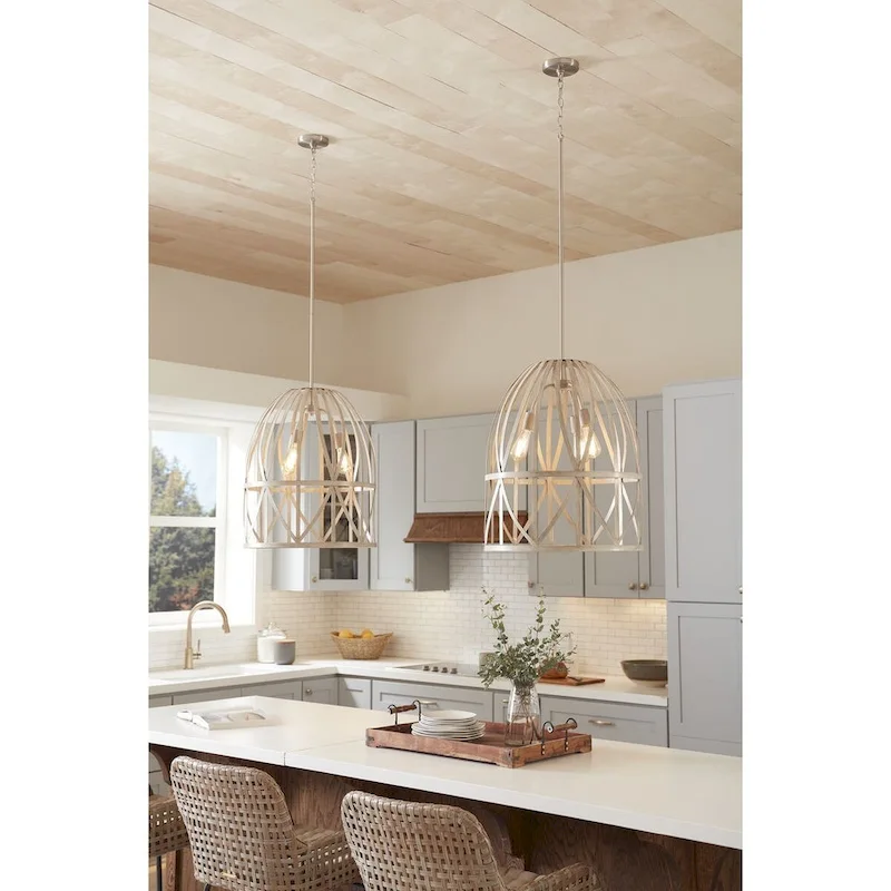 Chastain Collection Three-Light Bleached Oak Basket Farmhouse Pendant Light - 20.87 in x 20.87 in x 25.25 in