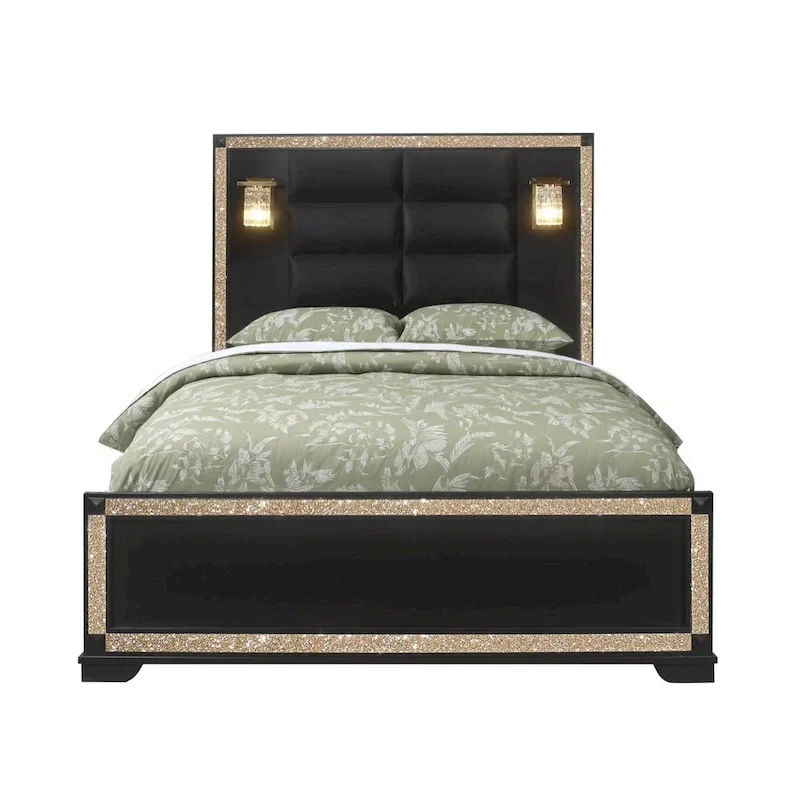 HomeRoots Black Faux Crystal Bling Wood And Upholstery Lighted Queen Bed Frame