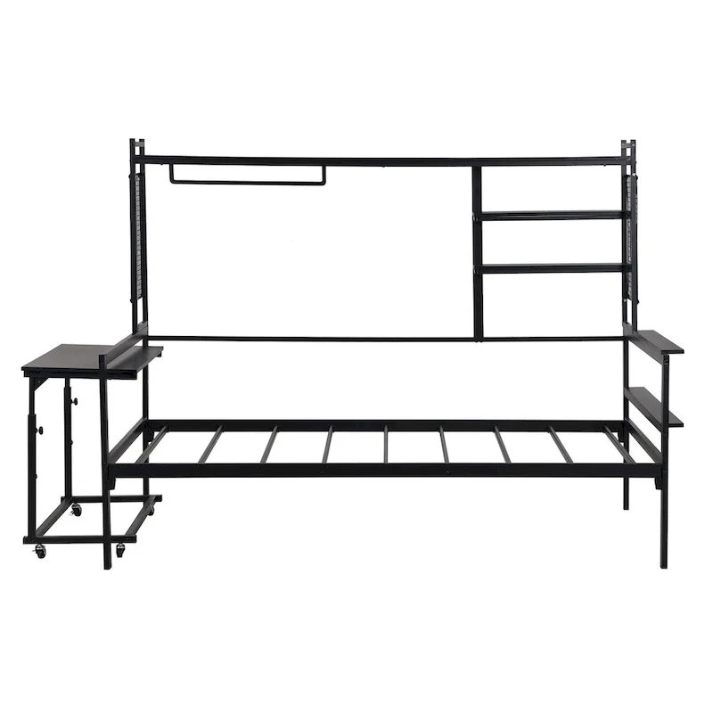 Versatile Daybed with Movable Desk, Metal Sofa Bed Frame with Metal Grid, Shelves and Clothes Hanger, No Box Spring Needed