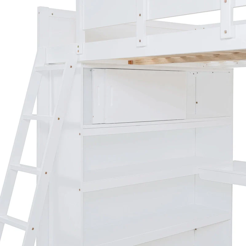 White Full Loft Bed with Desk and Shelves – Single Sleeper