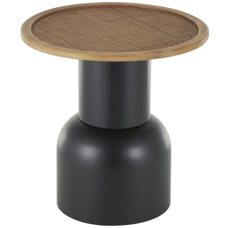 Handmade Round Rattan & Iron Accent Side Table – Black, Boho Style