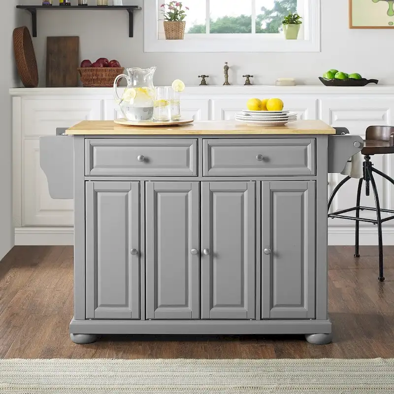 Alexandria Natural Wood Top Kitchen Island In Vintage Grey - 18d x 51.5w x 36.5h