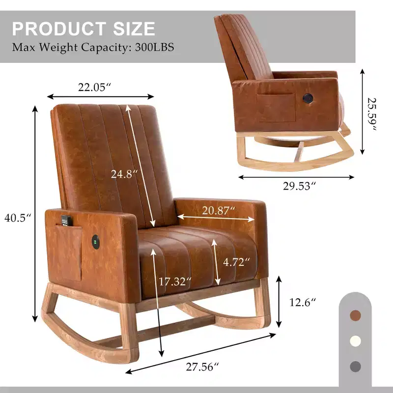 VECELO Modern Glider Rocker Chair with USB Port Armchair & Side Pocket, Faux Leather Upholstered Rocking Chair for Living Room Balcony