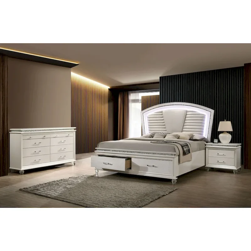 Glam White Solid Wood 3-Piece Platform Bed with Nightstand and Dresser with LED