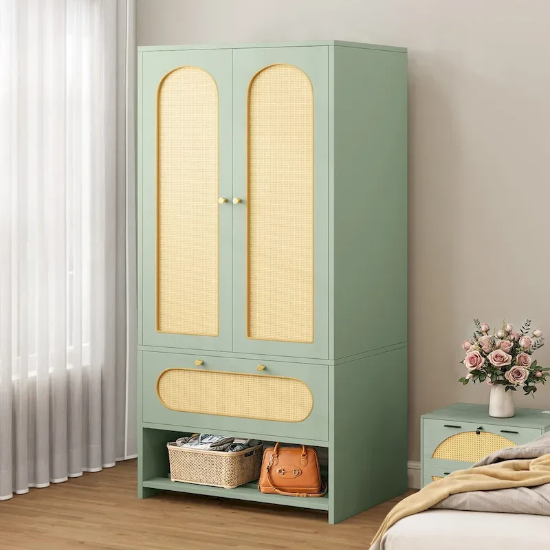 Moasis 70   Rattan Armoire Bedroom Wardrobe with Drawer & Hanging Rod