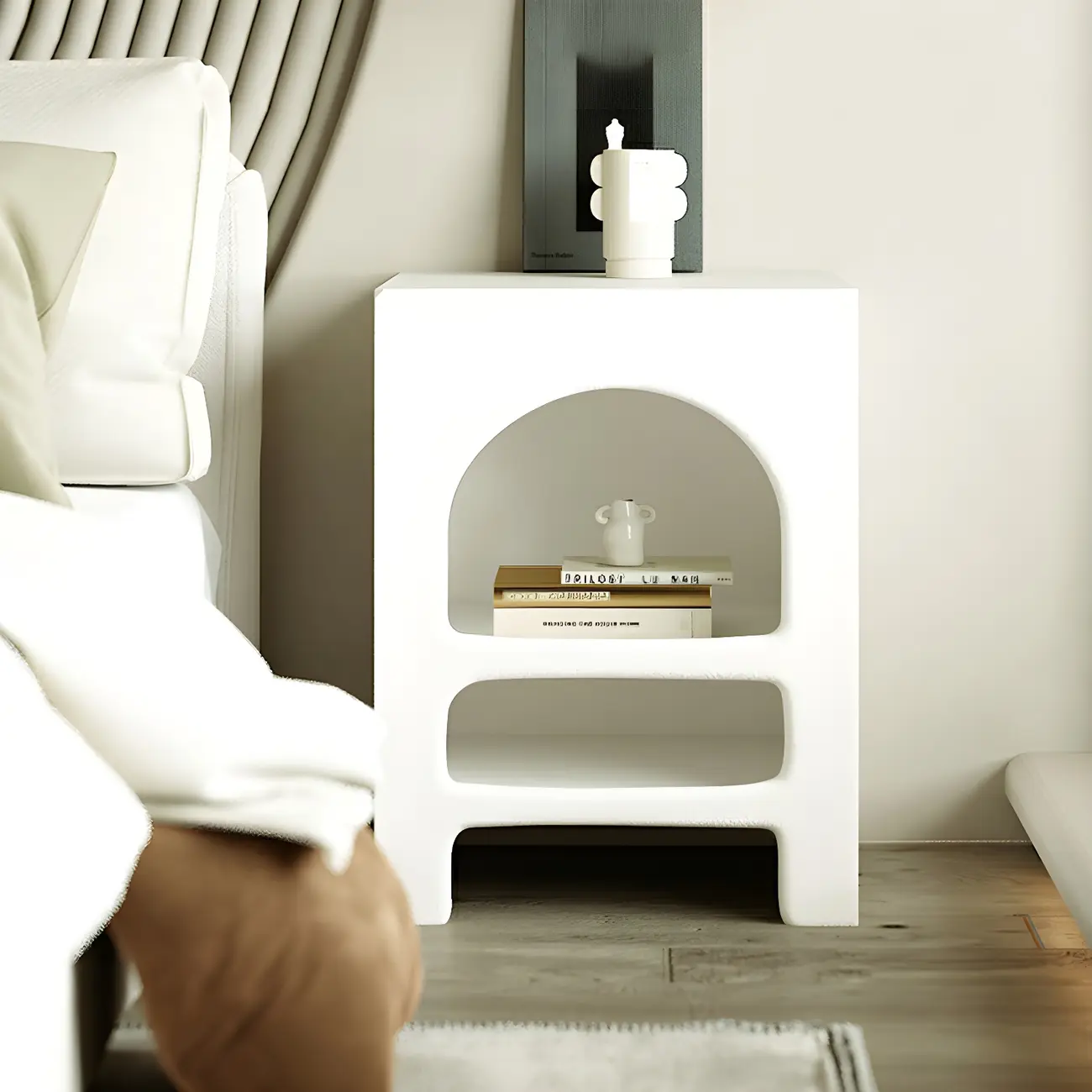 Rectangular White Wood Arched Open Storage Nightstand