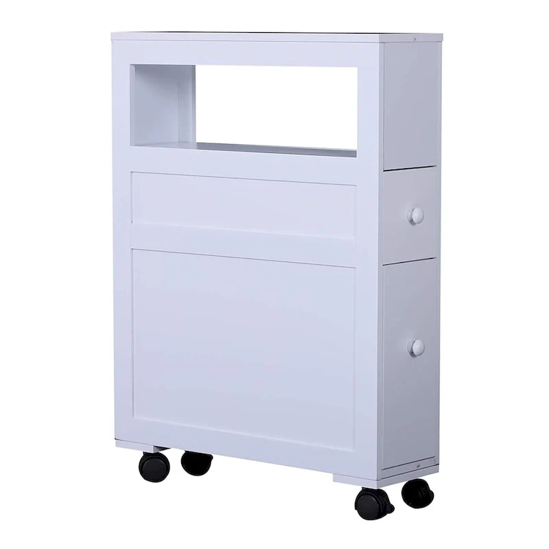 Wood Rolling Narrow Bathroom Side Storage Cabinet