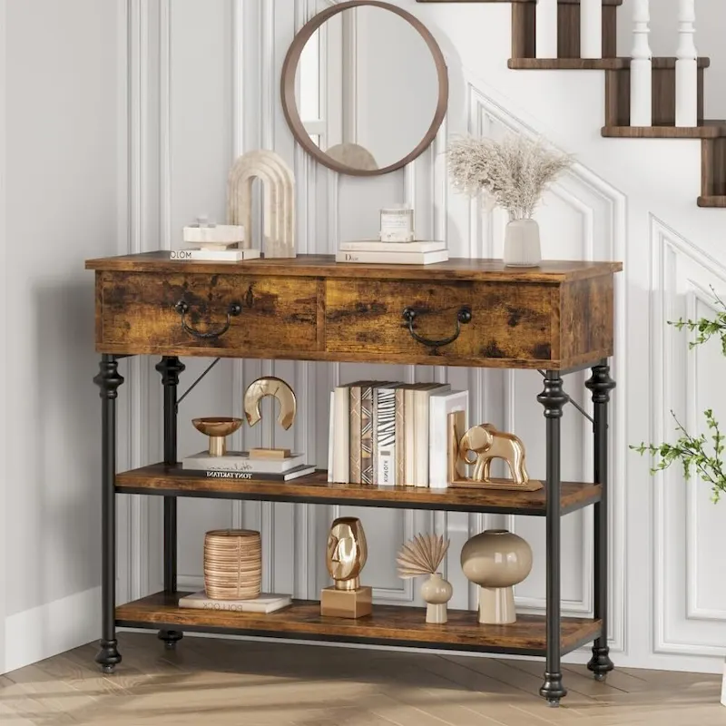 Brown / Grey 3-Tier Narrow Console Table with Drawers & Roman Column Legs – Vintage Style