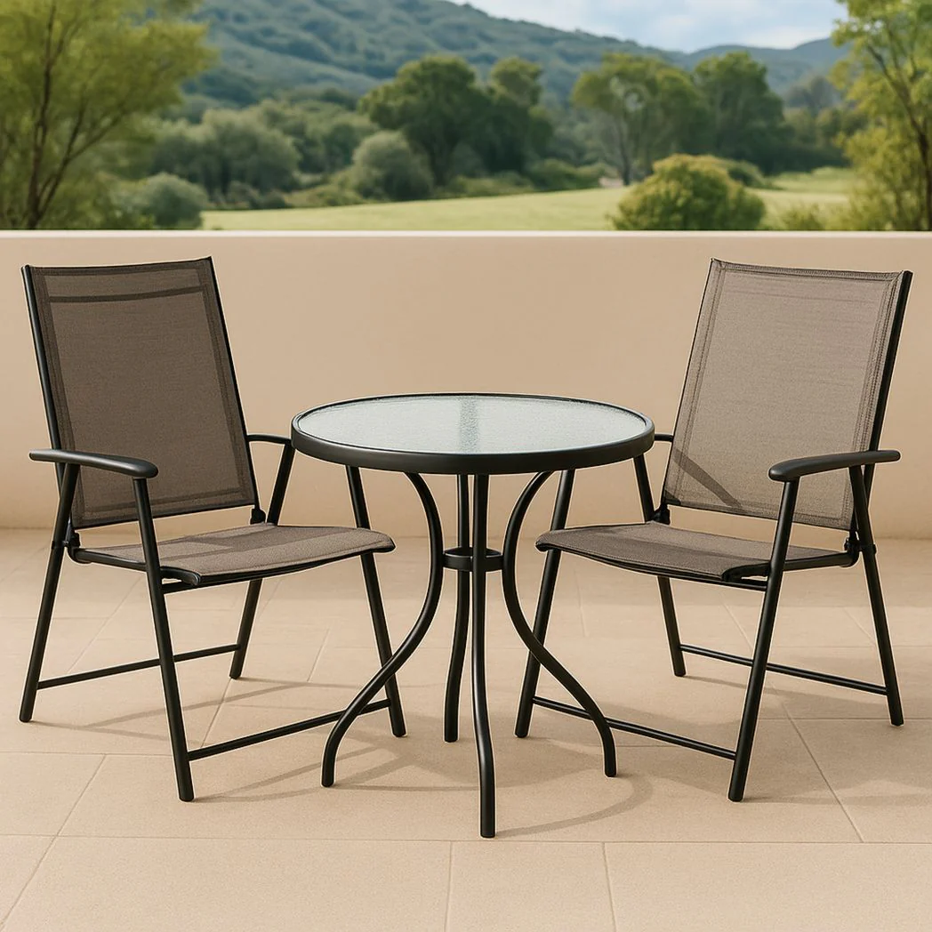 Ensemble de meubles d'extérieur en métal noir avec table ronde en verre et 2 chaises pliantes