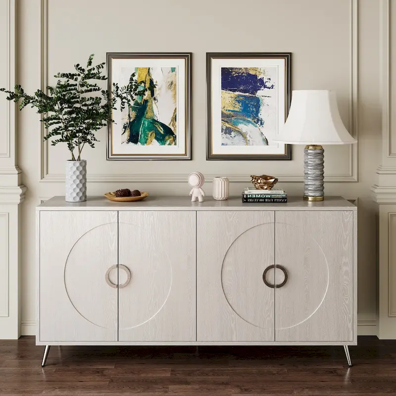 Champagne/Distressed Black MDF 4-Door Sideboard Buffet with Adjustable Shelves & Metal Legs