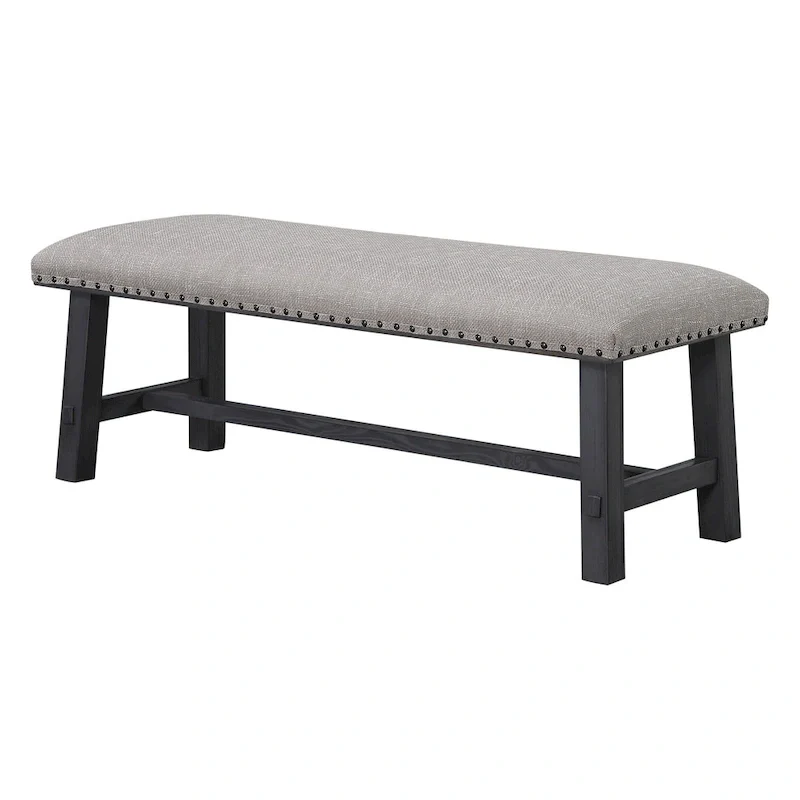 Home and Office Furniture Bench with Antique Grey Frame and Antique Bronze Nailhead Trim in Grey Fabric