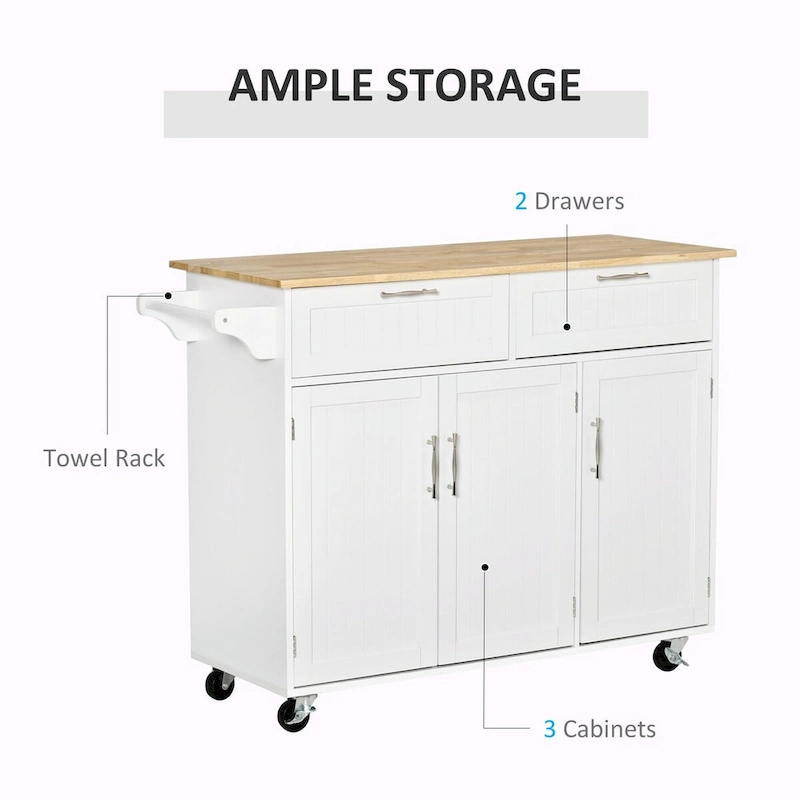 Mobile Kitchen Island with Wood Top, Drawers, Cabinets, Adjustable Shelves, and Towel Rack