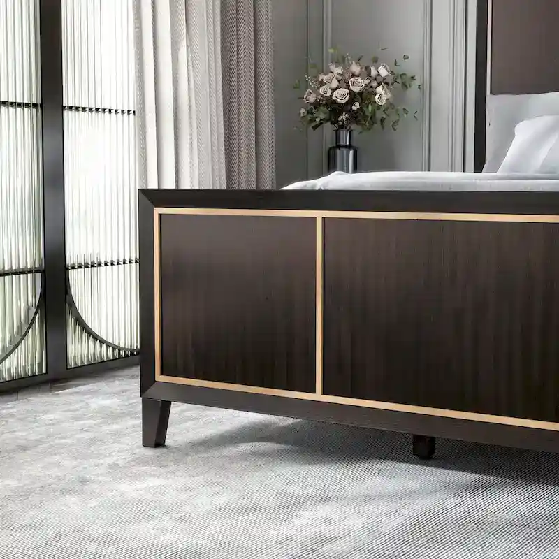 Panel Bed with Gold Accent Trim - Espresso - Queen/King