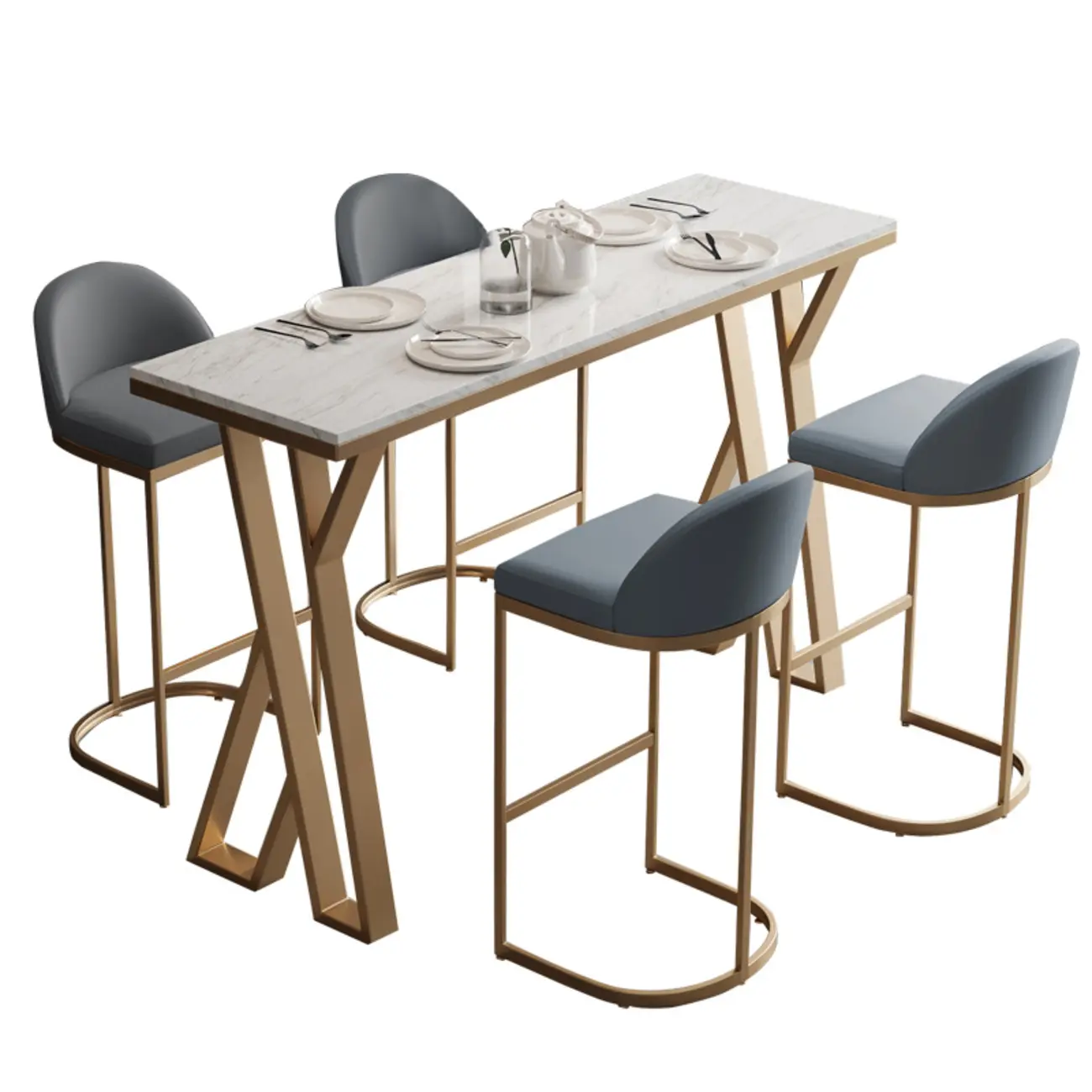 Glam Gold Metal Bar Tables with Faux Marble Top