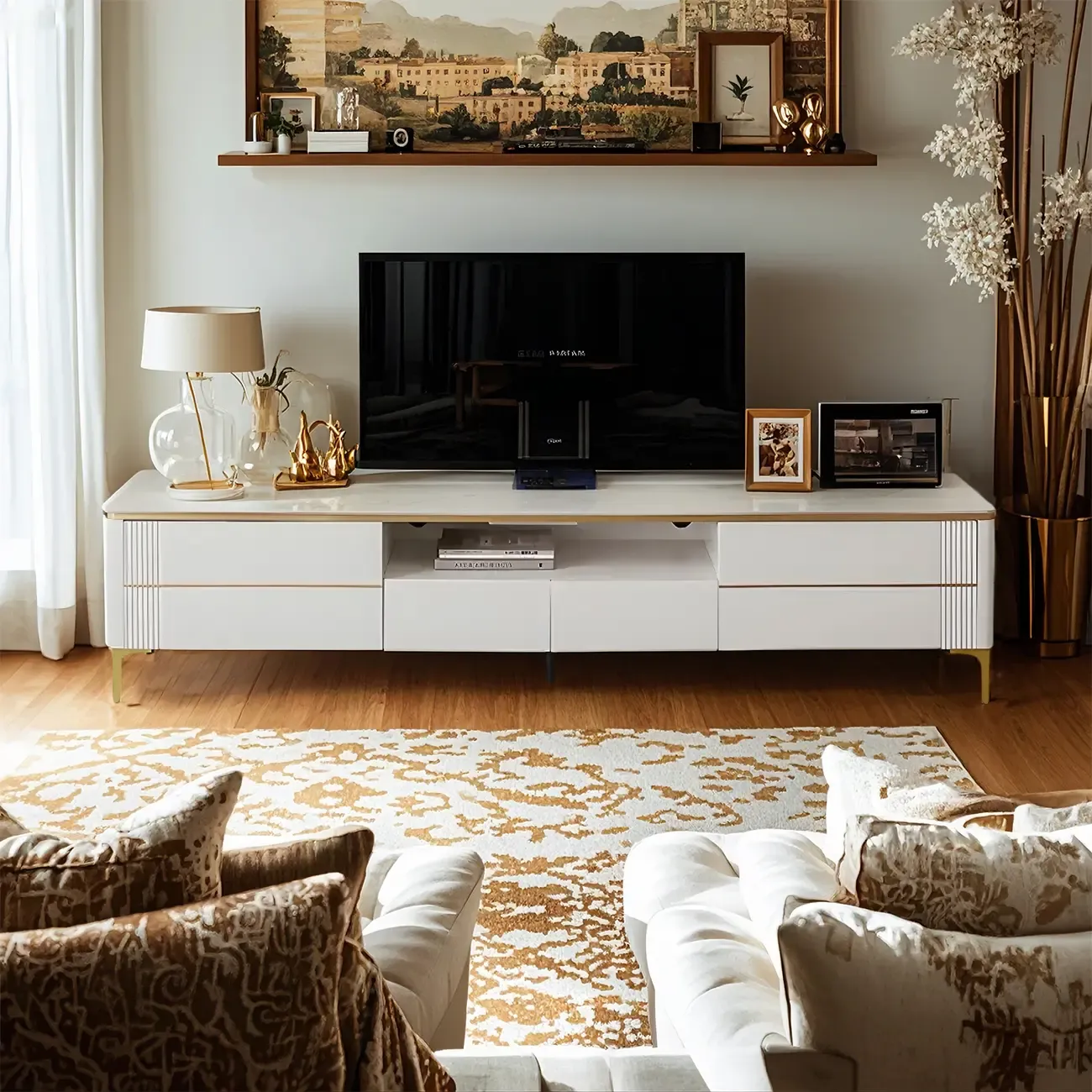 71 White Stone Fluted Open Storage TV Stand with Gold Legs