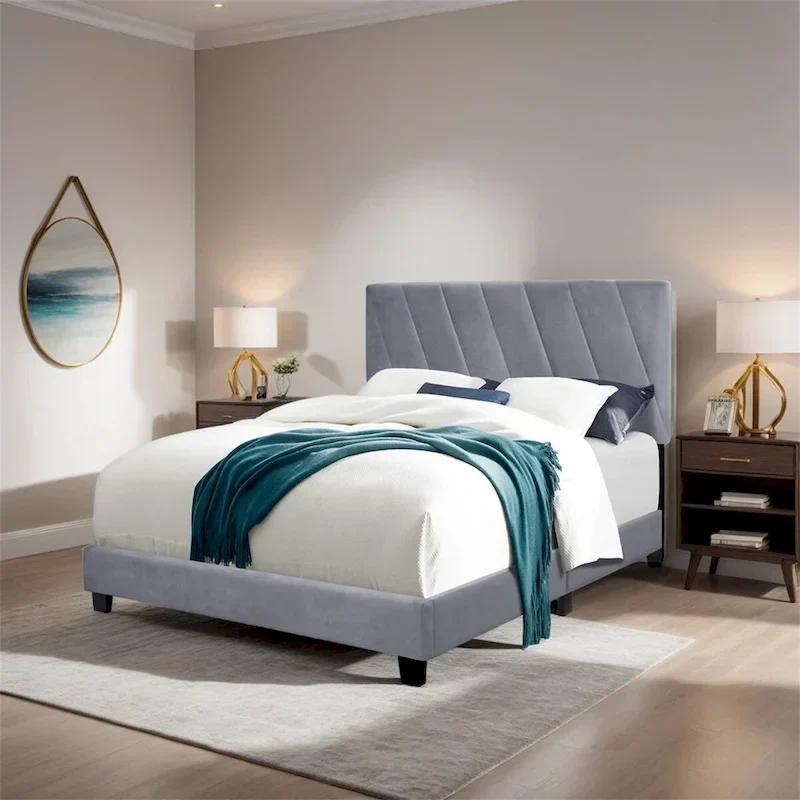 Grey Queen Upholstered Platform Bed with Adjustable Headboard & Under-Bed Storage Clearance