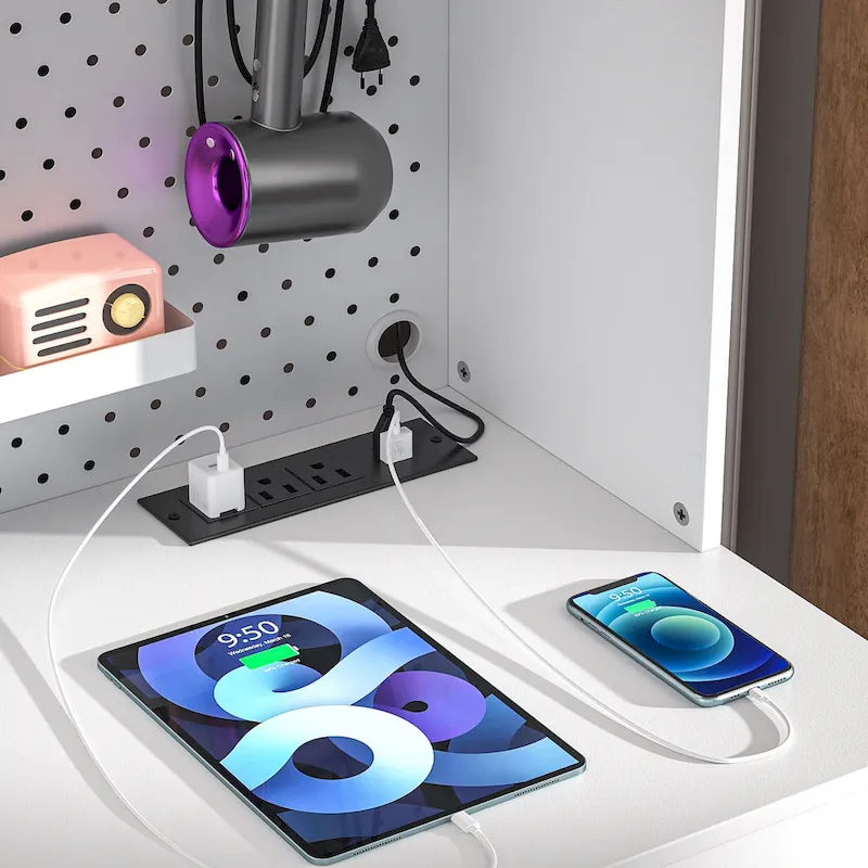 Makeup Vanity with Pegboard and Hutch, Bedroom Vanity Table with Charge Station and LED Light - N/A