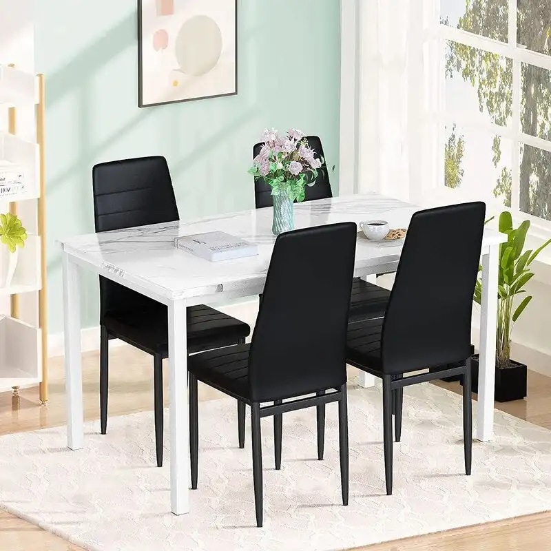 Modern 5-Piece Kitchen Dining Set, Counter Height Dinette Set with Marble Look Top and 4 Upholstered PU Leather Chairs