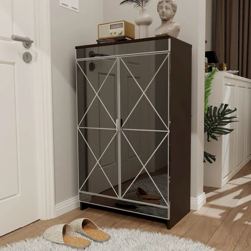 Elegant Decor Mirrored Cabinet with Silver Edging,Mirrored Cabinet with Double Door Storage
