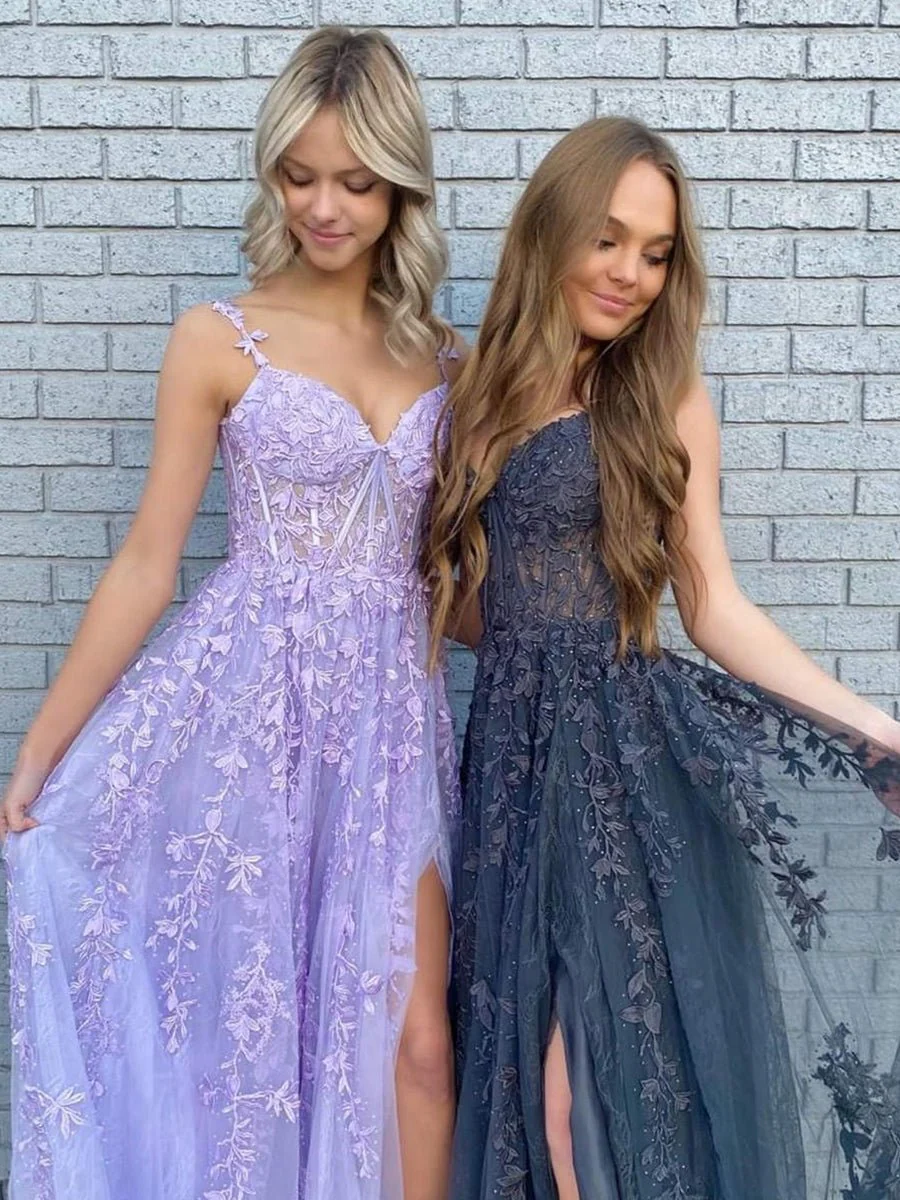 Navy Blue A-line Sweetheart Lace Tulle Prom Dress with Slit