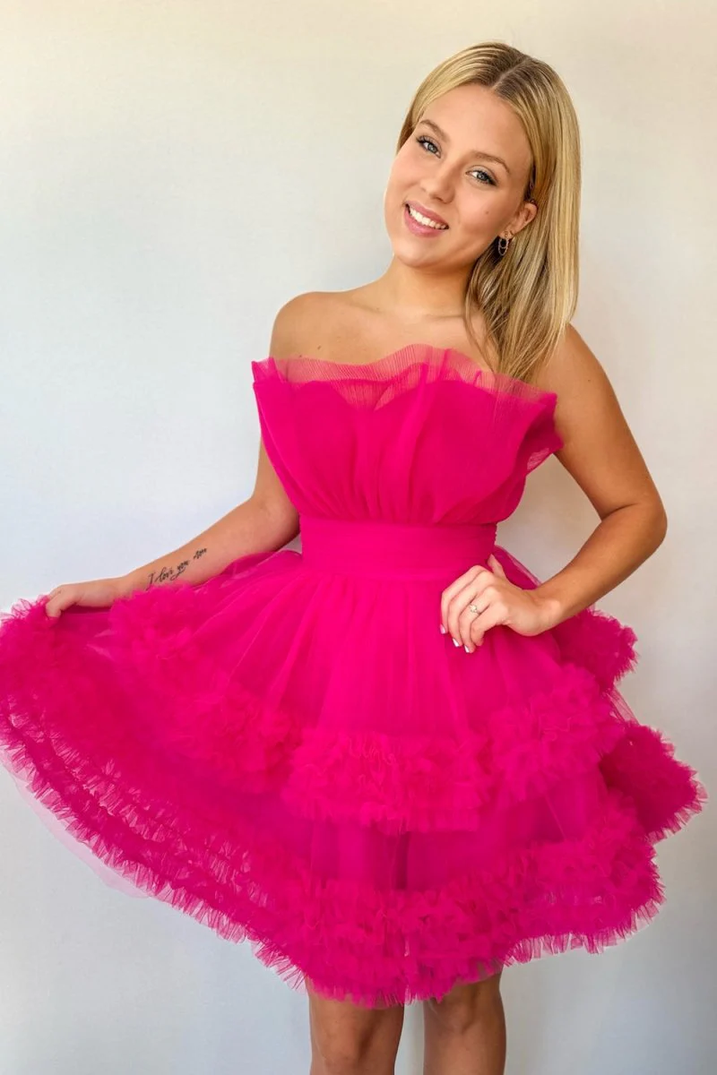 Fuchsia Strapless Tiered Tulle Short Homecoming Dresses