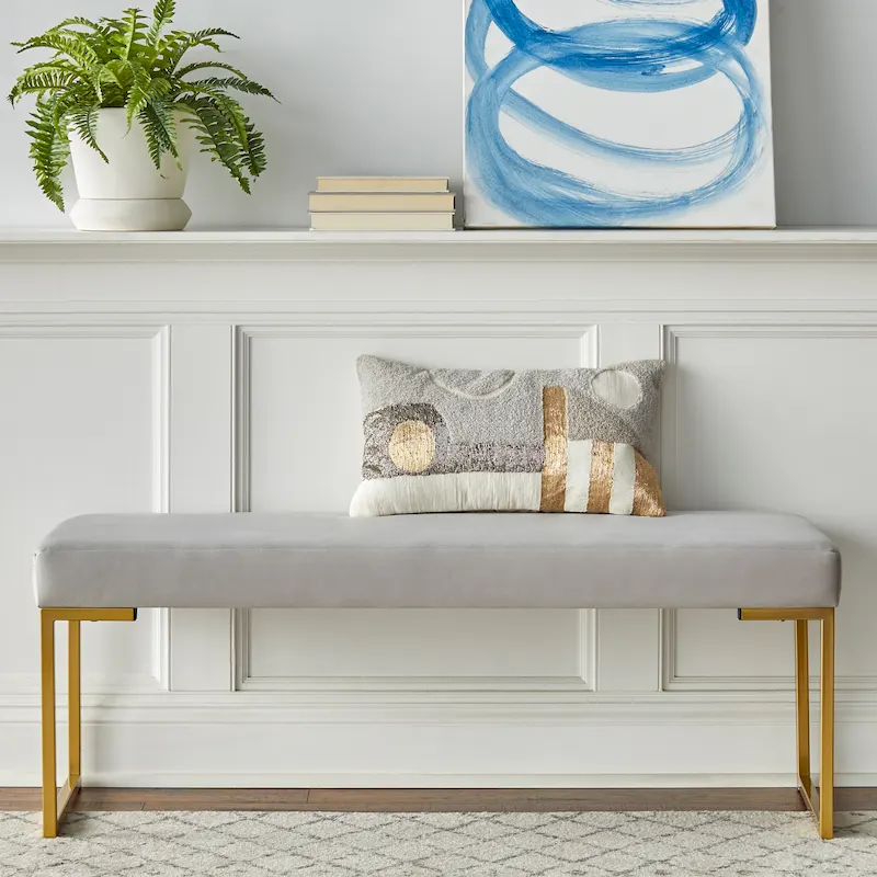 Velvet Upholstered Bench with Foam Cushion & Gold-Tone Metal Sled Legs – Grey / White / Blue / Dark Green, Single
