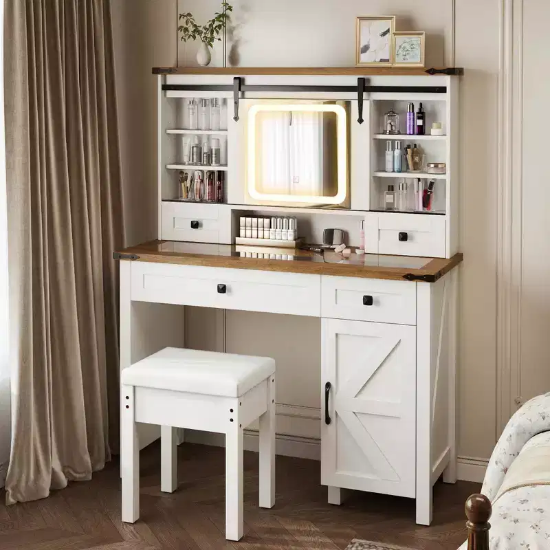 Costway Farmhouse Vanity Desk with Sliding Mirror Makeup Vanity Table with 3 Lighting Modes