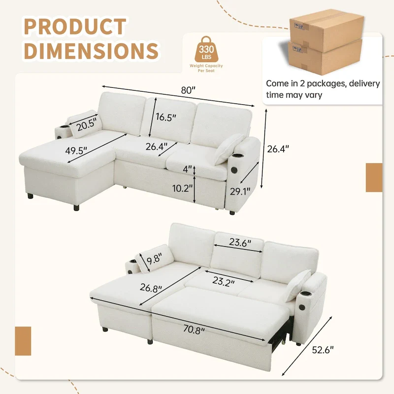 80 L-Shaped Sofa Couch Bed, Sofa Sleeper with Pull Out Bed, Reversible Sleeper Sofa Bed