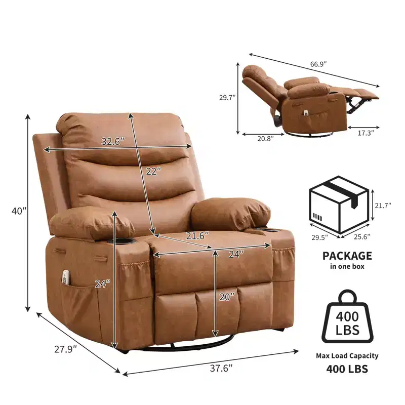 Rocker Recliner Chair with Massage & Heat  PU Leather Swivel Sofa with Cup Holder & Pockets for Living Room, Bedroom & Nursery