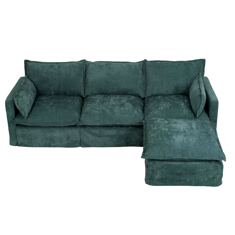 93.31 Faux Linen Modular Sectional Sofa with Ottoman, Wood Frame