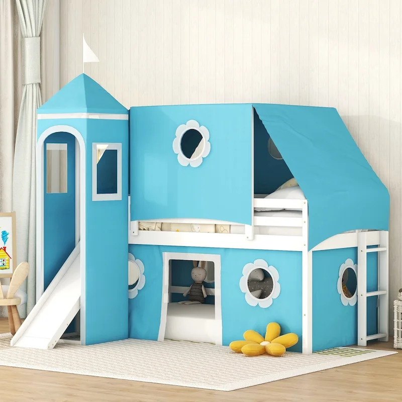 Blue Twin Solid Wood Castle House Loft Bed with Slide & Window | Kids Ages 6+
