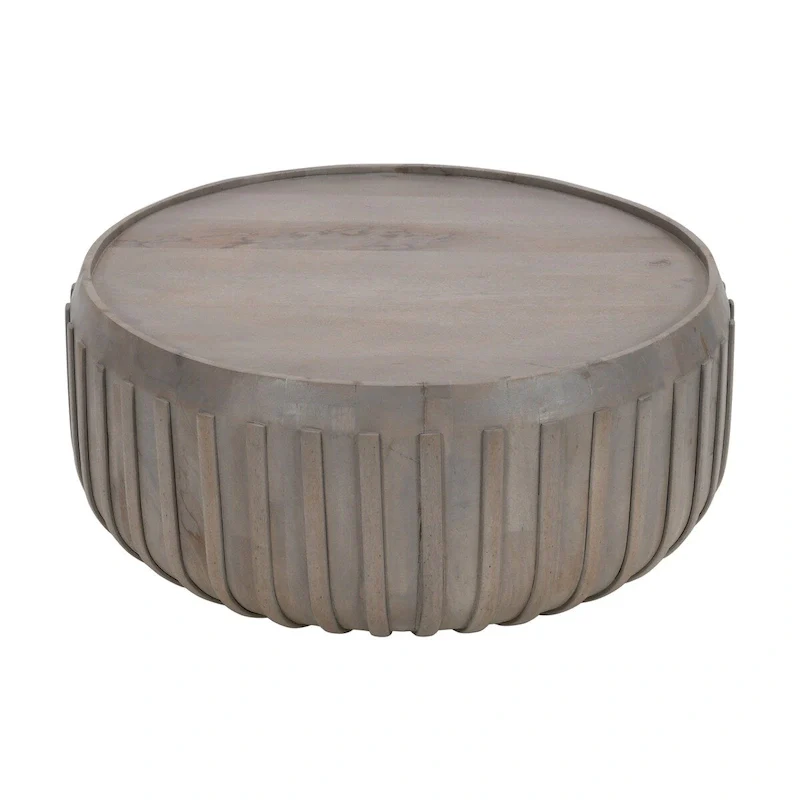 Alisha 36 Inch Coffee Table, Handcrafted Drum Shape with Ribbed Edges, Gray Mango Wood