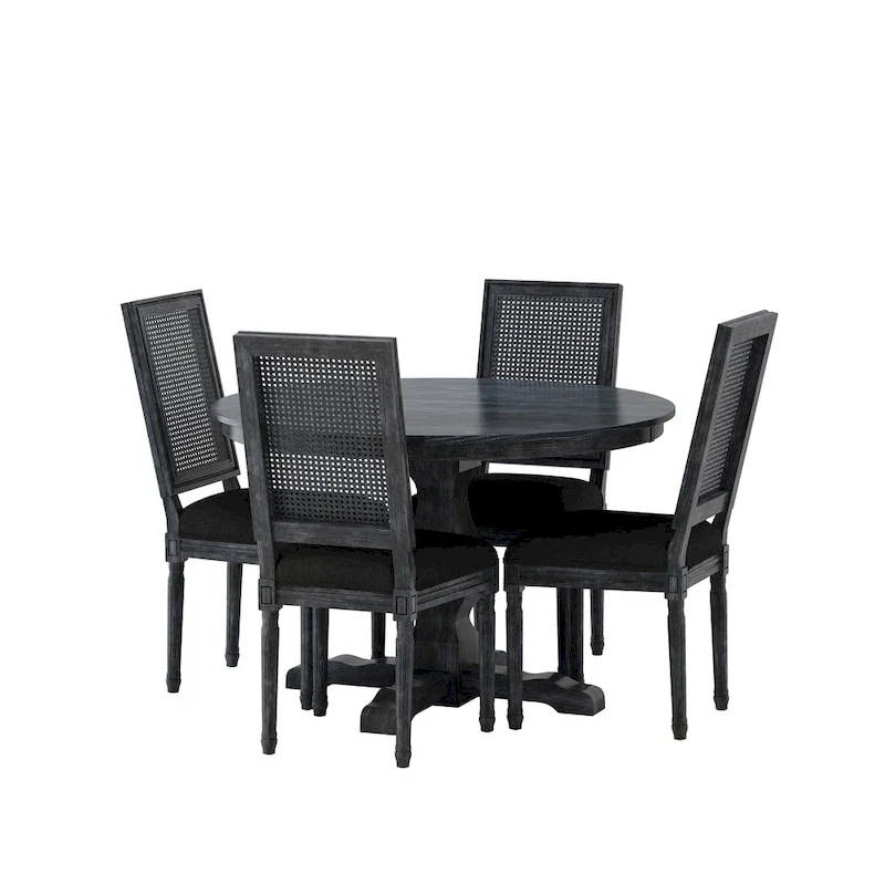 Wood and Cane Upholstered 5-Piece Circular Dining Table and Chairs