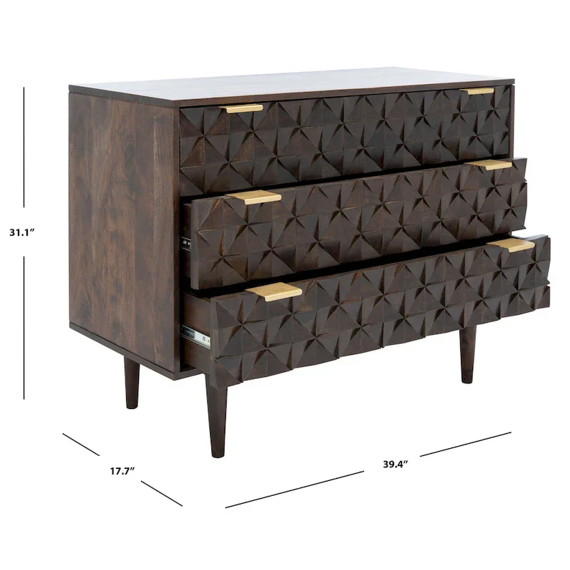 Walnut 3-Drawer Chest with Geometric Carved Details