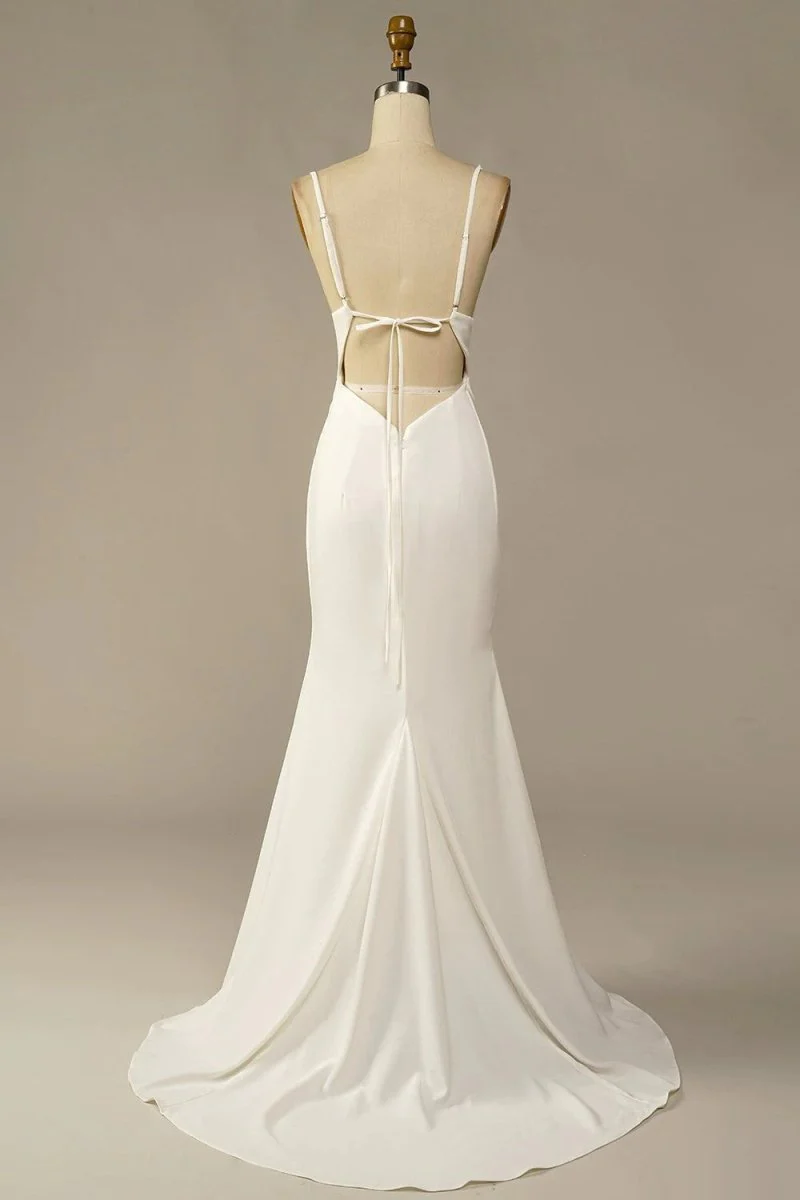 Simple Spaghetti Straps Long Soft Satin Ivory Mermaid Beach Wedding Dresses