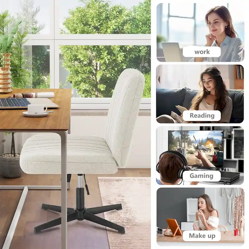 Criss Cross Legged Office, Wide Comfty Desk, Wheels Armless Computer Task, Swivel Vanity Home Chair, Height Adjustable