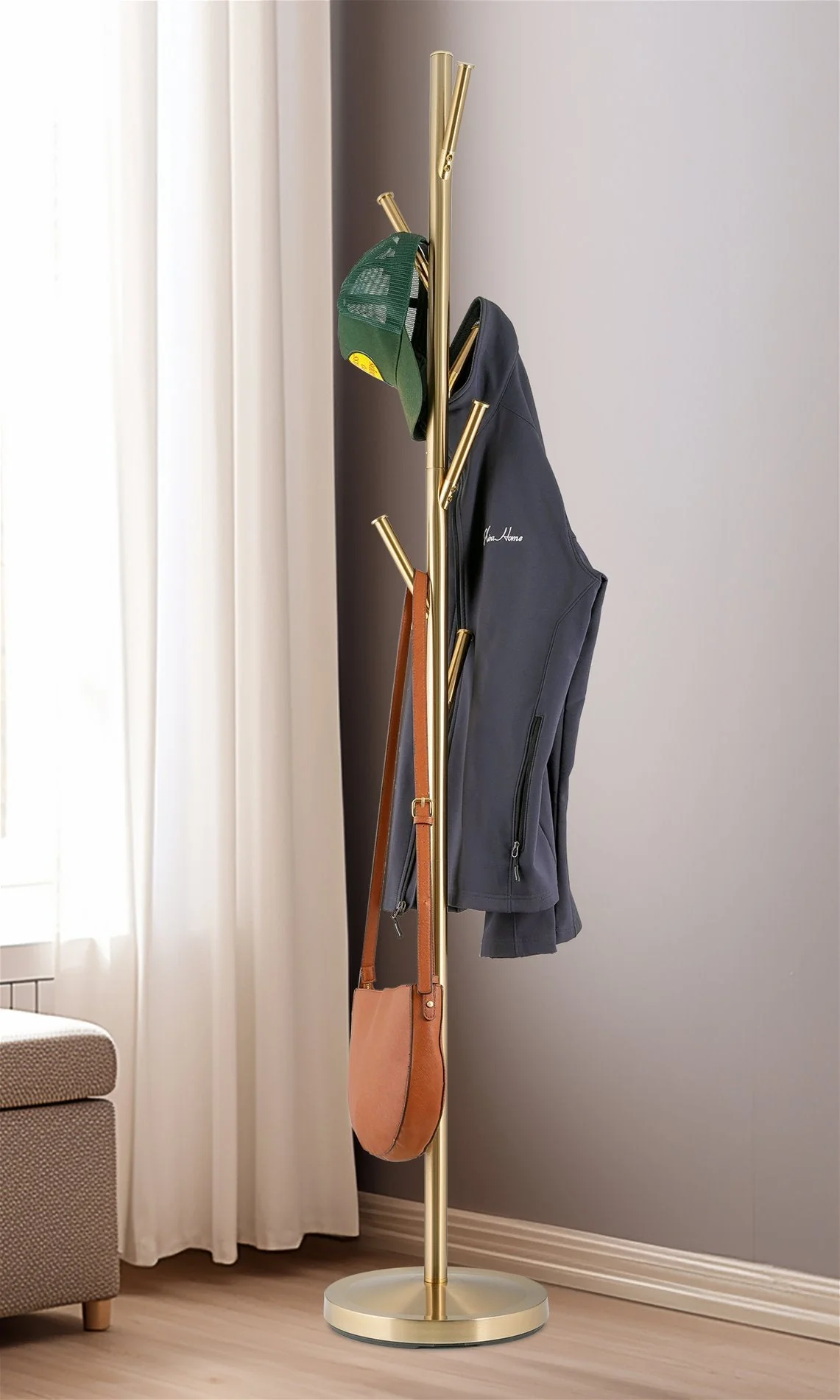 Addison 68 Modern 6 Hook Free Standing Metal Coat Rack, Cool Brass