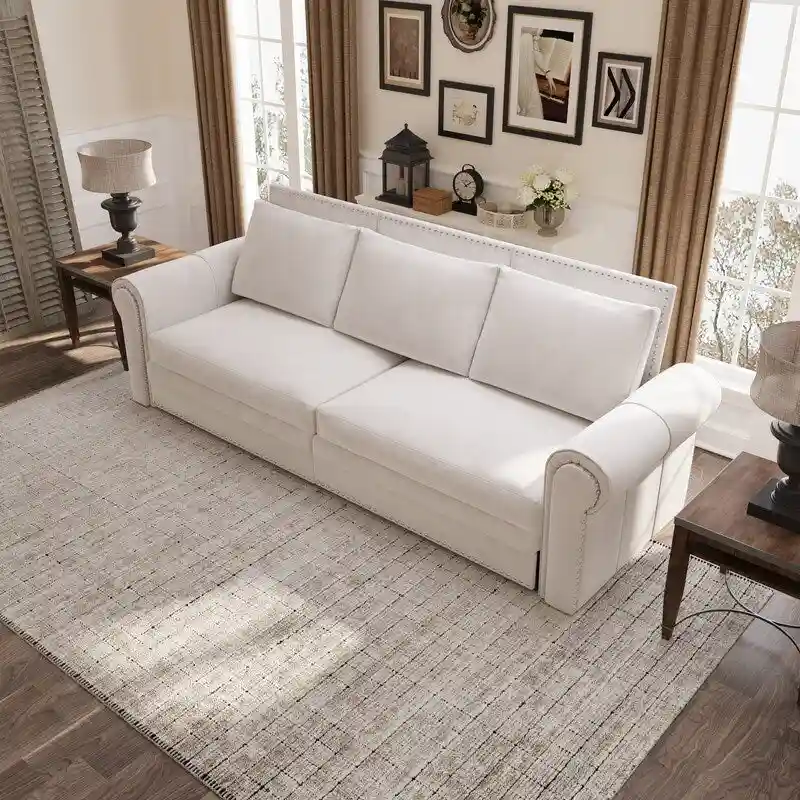 Chesterfield Sofa Bed, King Pull Out Sofa Bed, Velvet/Faux Leather Convertible Sleeper Sofa w/ Nailhead Trim & Rolled Arm