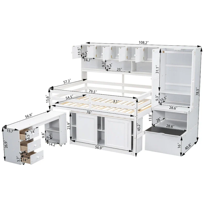 Wooden Loft Bed with Integrated Wardrobe, Under-bed Desk, Drawers, with Shelves