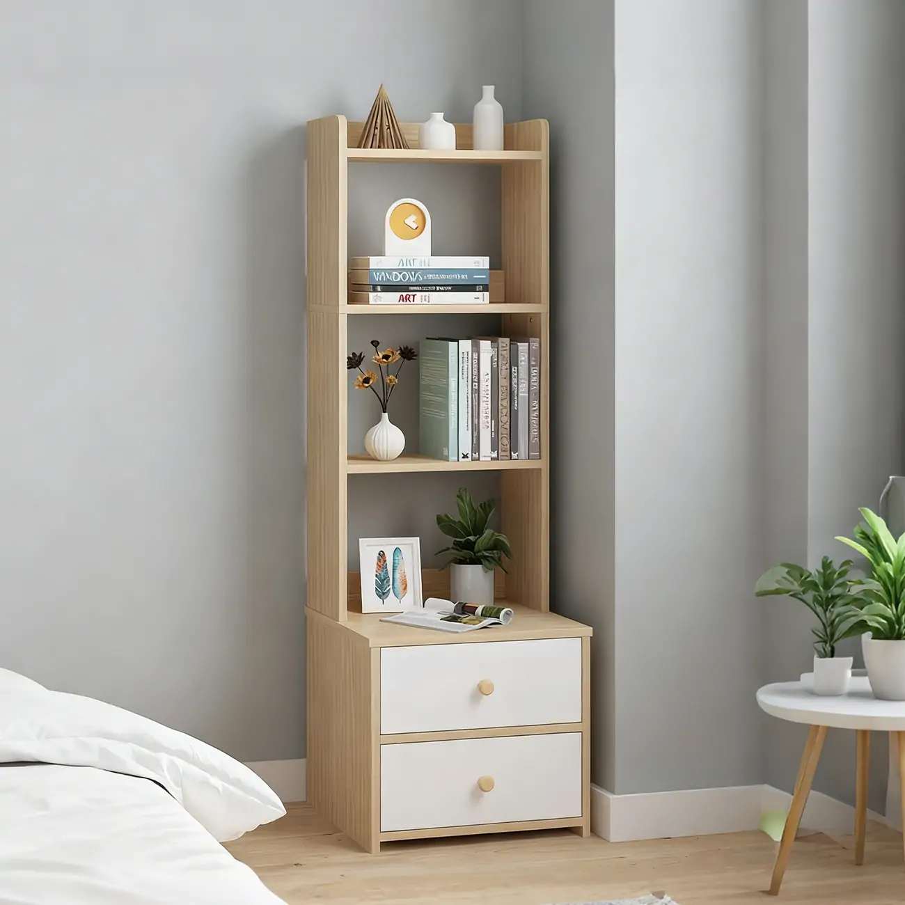 Modern Tall Wood Spacious Shelves 2-Drawer Nightstand