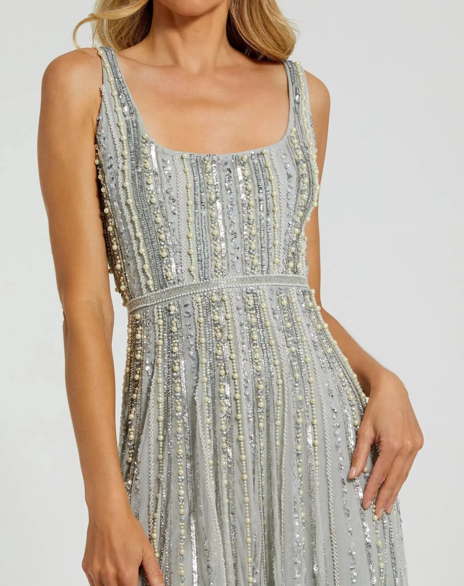 Green Scoop Neck A-Line Gown With Striped Beading