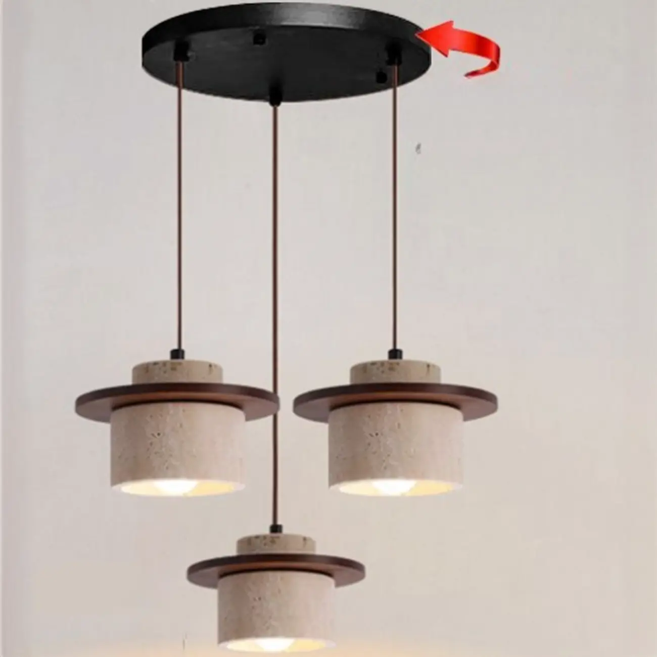 Modern 3-Light Walnut Wood Stone Cylinder Pendant Lamp