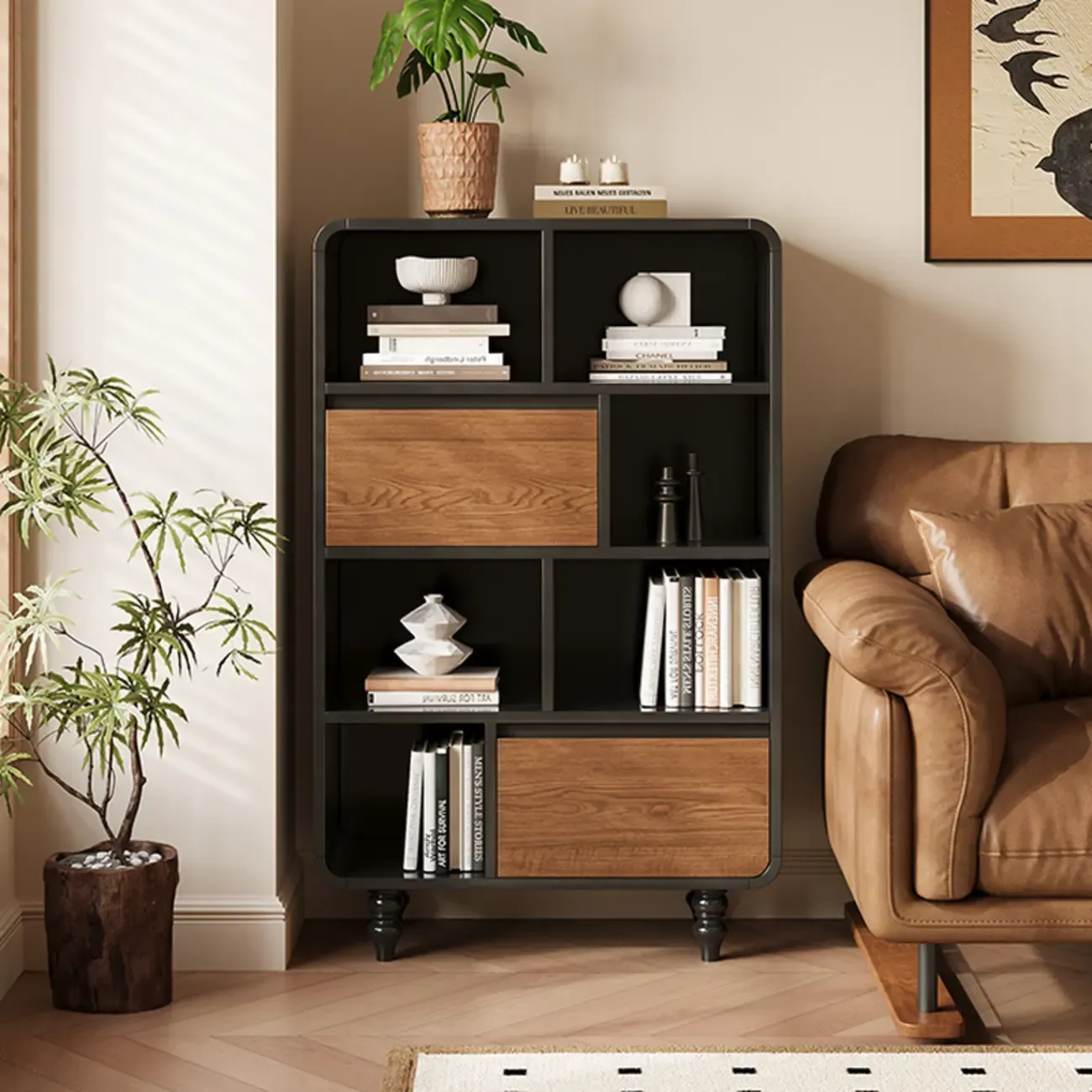 Minimalist Black Small Wooden Bookshelf with Drawer