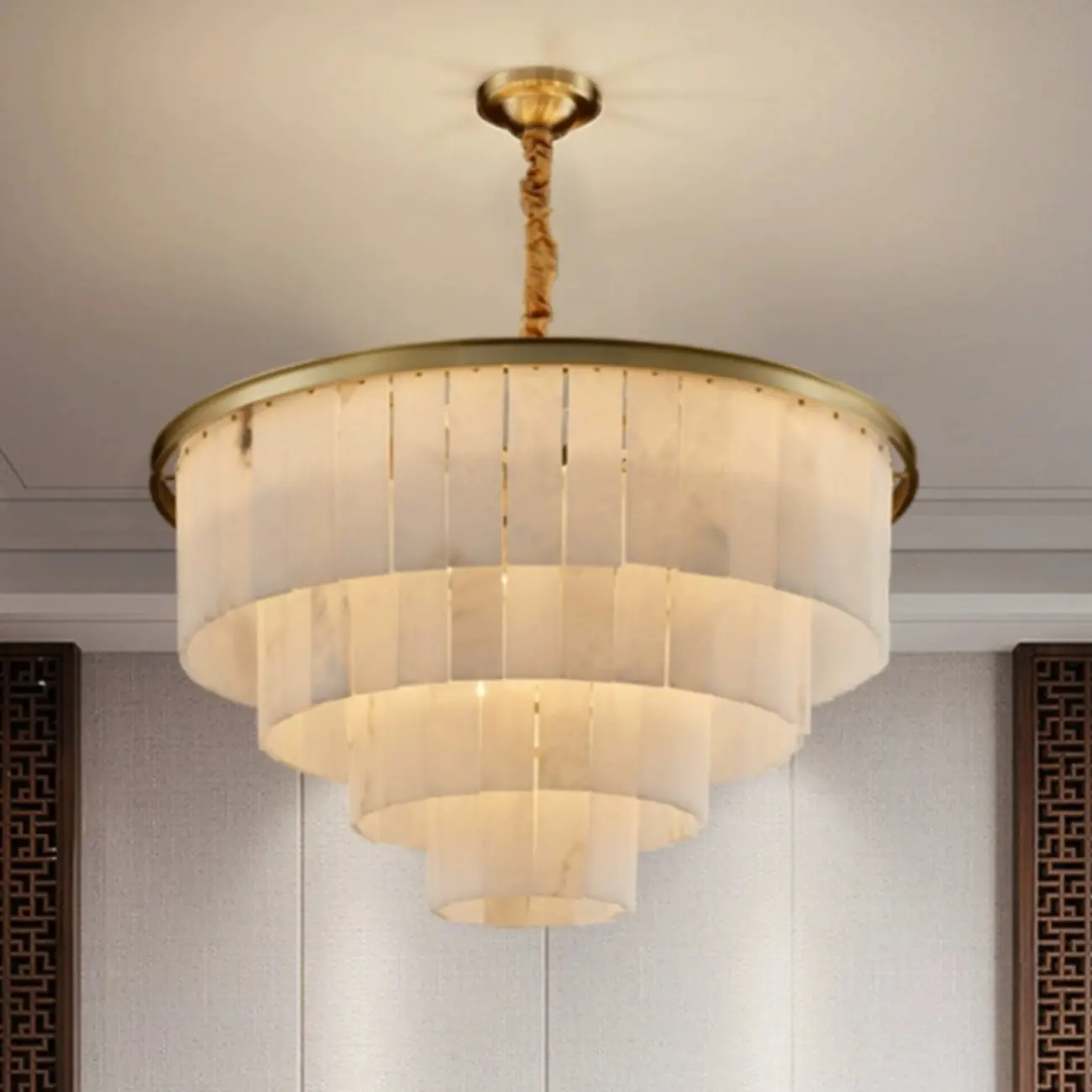 Classic Gold Tiered Circular Alabaster Chandelier
