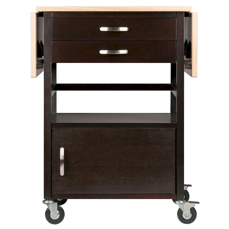 Drop Leaf Kitchen Cart with 2 Drawers, Cabinet & Casters - Coffee & Natural - 43.23x20.08x33.54
