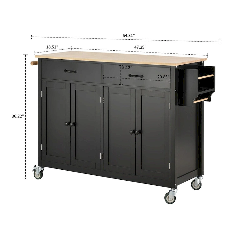 Classic Wooden Kitchen Island Cart with 2 Drawers, 2 Cabinets, a Towel Rack and a Spice Rack