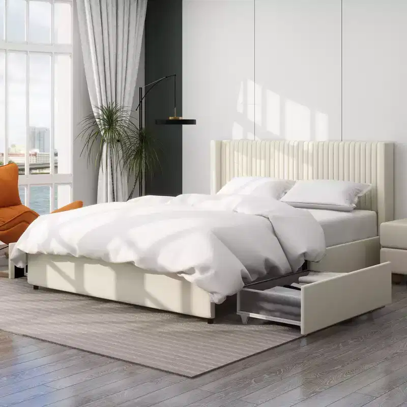 Christopher Knight Home Gelia Upholstered Queen Size Bed with Wingback Headboard and 2-Drawers, Ivory