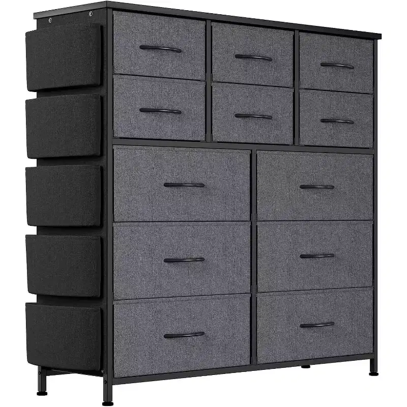 Acekool 12 Drawer Dresser, Tall Fabric Storage Tower with Wooden Top, Side Pockets & Hooks, Chest of Drawers for Bedroom, Closet, Hallway
