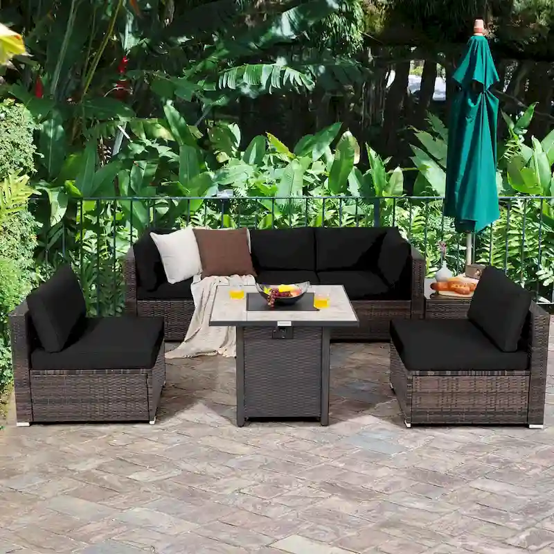 Costway 7PCS Patio Rattan Furniture Set 30 Fire Pit Table Cover - See Details